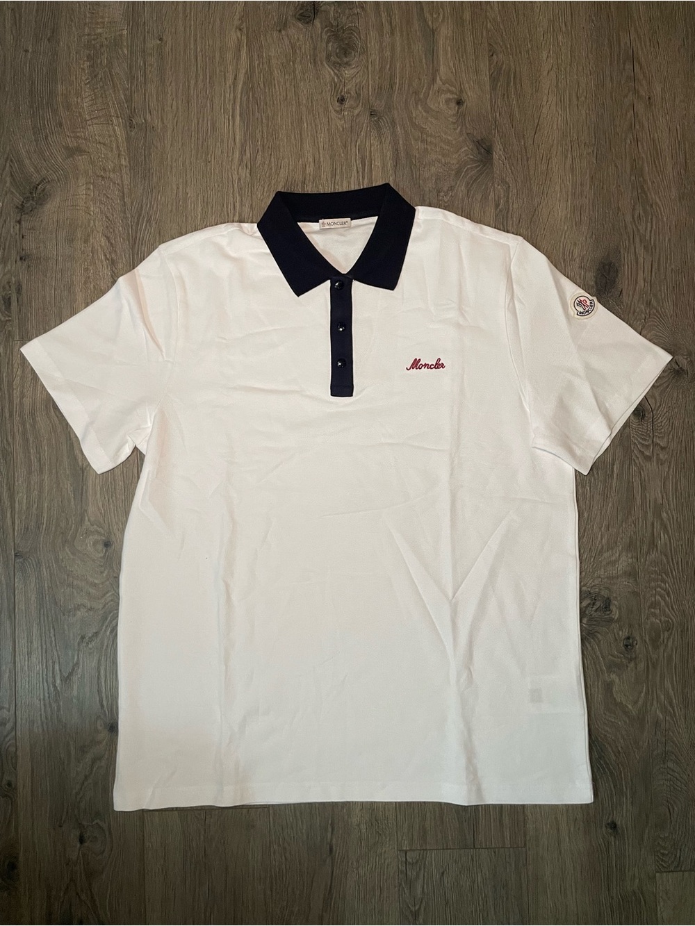 Moncler Men's White Polo Shirt Navy Collar Embroidered Size Large